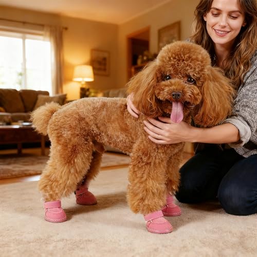 Hundeschuhe Pfotenschutz,Hundeschuhe Kleine Hunde,Plüsch Hundestiefel,Hundeschuhe Winter,Hund Schneestiefel,Hunde Schuhe Anti Rutsch,Schneestiefel für Haustiere für kleine,Sport im Freien (Rosa 2)