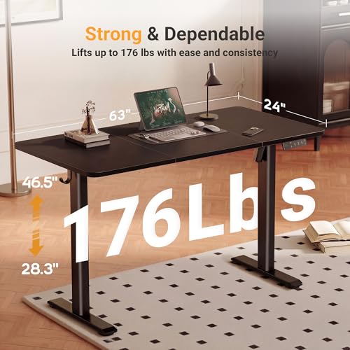 Image of YDN Electric Standing Desk Adjustable Height, 63 x 24 Inches Sit Stand up Desk with Memory Presets & Cable Management, Home Office Desk for Office & Computer Workstation, Black Frame /Black Top