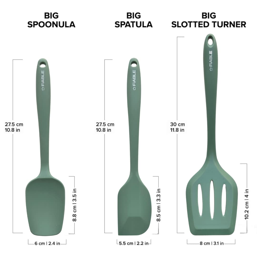FiABLE Espátula de silicona grande de alta calidad para cocinar, juego de 3 – 1 año de garantía – Espátulas de silicona de alta resistencia al calor, diseño sin costuras, 1 cuchara grande, 1 espátula