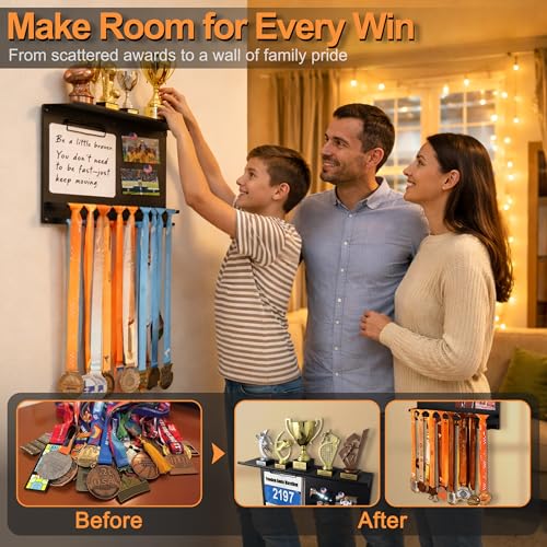 Image of Running Medal Hanger Display with Trophy Shelf, Race Bib Holder and Whiteboard, 2-Bar Medal Holder for 50+ Medals with Flag Magnets, Marker, Wall Mounted, Black