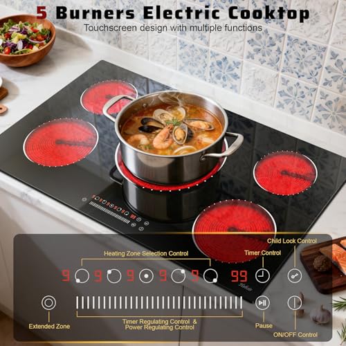 Image of 36 Inch Electric Cooktop 5 Burner Electric Stove Top 9200W, Triple‑Ring Central Burner, 9‑Level Slide Control, Touch Control with Safety Lock, 99‑Mins Timer, Pause, Built‑In Size 34.25x19.29 Inch
