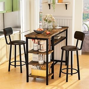 Recaceik Counter Height Dining Set - Bar Table and 2 Upholstered Stools with Storage Shelves, Kitchen Breakfast Nook Pub Set Recaceik Counter Height Dining Set Bar Table and 2 Upholstered Stools with Storage Shelves Kitchen Breakfast Nook Pub Set