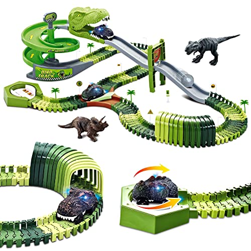 Wesprex Dinosaur Toys Flexible Race Track Toy Set 166 Pcs With 2 Dinosaur Cars, Rotary Tower, Slide, Tunnel, U-Turn Station, 2 Dinosaur Figures, Toy Vehicle Playset, Gift For Kids Boys Girls Ages 3+ #TOP19