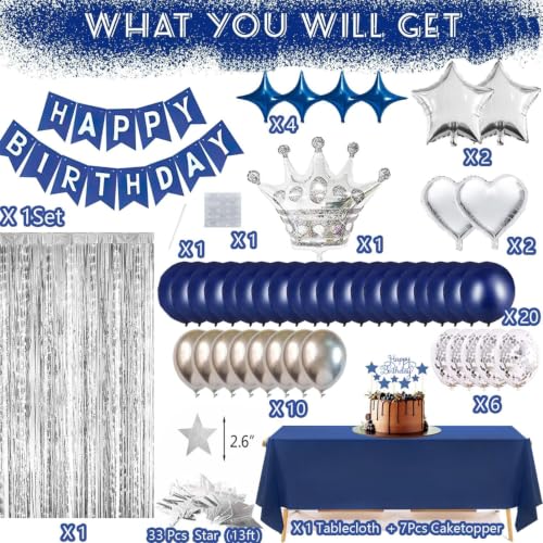 Navy Blue Birthday Party Decorations Set – 92Pcs Set with Banner, Star Garland, Crown, Heart & Star Foil Balloons, Fringe Curtain, Cake Topper, Tablecloth, Latex & Confetti Balloons for Men & Women - image 3