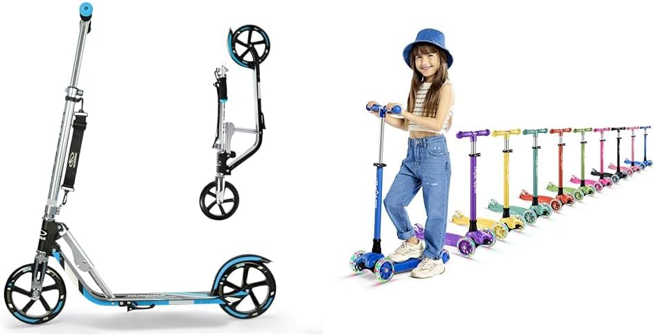 HUDORA 8" Big Wheels Folding Scooter Bundle with 3 Wheel Kids Scooter with LED Lights
