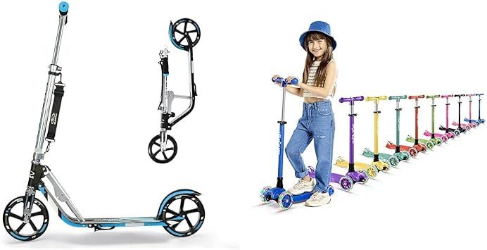 HUDORA 8" Big Wheels Folding Scooter Bundle with 3 Wheel Kids Scooter with LED Lights