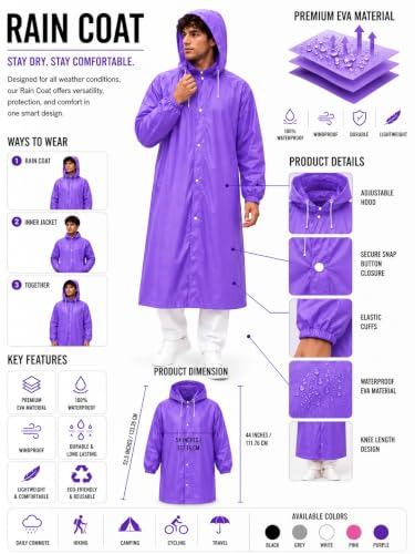 Image of Hooded Waterproof Men's & Women's Raincoat, Lightweight Long Rain Jacket, Button Front, Windproof Outdoor Rainwear | Free Size |