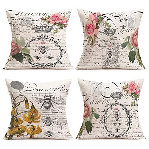 Xhomeli Queen Bee Throw Pillow Cover Modern Vintage Garden Bee With Flowers Lettering Pillow Case Cushion Cover Cotton Linen Farm Animal Pillowcase Outdoor Decor Sofa 18X18 Inch 4Pack(Queen Bee 4Pack) #TOP21