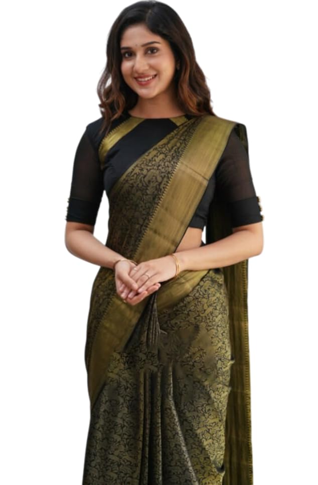 Image of Flosive Grace Olive Green Banarasi Kanjivaram Style Silk Saree for Festive & Wedding Wear inch