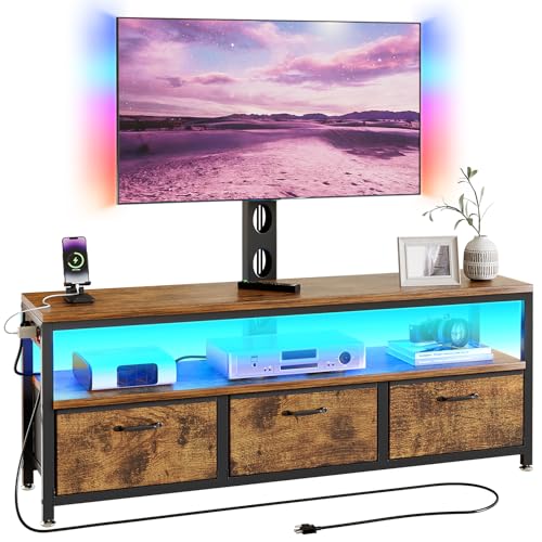 JUSTOGO TV Stand with Mount and Power Outlet, TV Stand with Drawers Storage for Living Room Bedroom, LED Entertainment Center for 45/55/60/65 inch, Height Adjustable Media Console, Rustic Brown