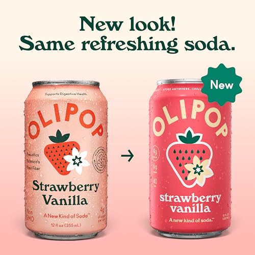 Image of OLIPOP Prebiotic Soda Pop, Strawberry Vanilla, Pantry Pack Packed with Prebiotics, Fiber, and Botanicals, Gluten Free, GMO Free, 12oz (12-Cans) (Packaging May Vary)