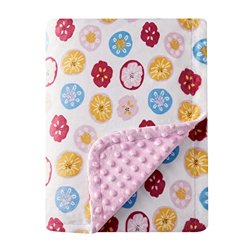 Image of DaysU Silky Micro Soft Plush Baby Blankets for Girls with Print Floral Pattern and Soothing Raised Dots, Double Layer Bed Throws for Baby Crib, Flower, Pink, 30x40 Inches