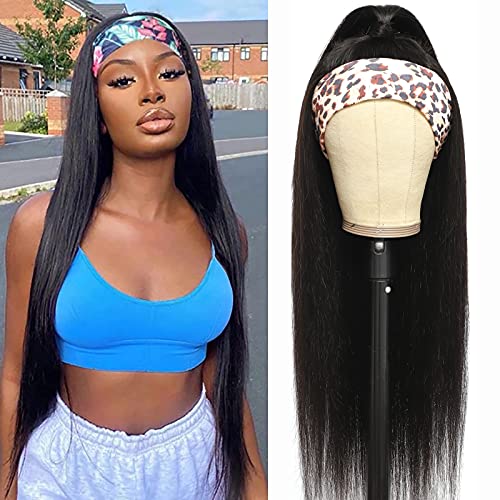 18 Inch Headband Wigs Human Hair Straight Headband Wigs for Black Women None Lace Front Wigs Glueless Headband Wigs Brazilian Virgin Human Hair Straight Hair Natural Color 150% Density