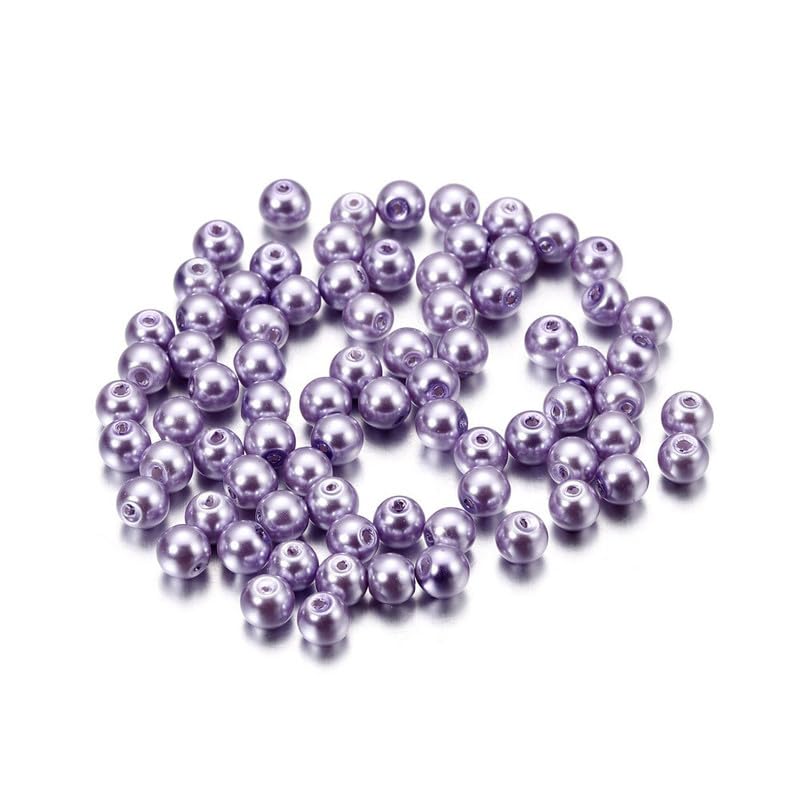 100pcs Light Purple Glass Pearls Beads 8mm Round Imitation Pearls Beads Loose Craft Bead for Bracelets Necklaces DIY Crafting