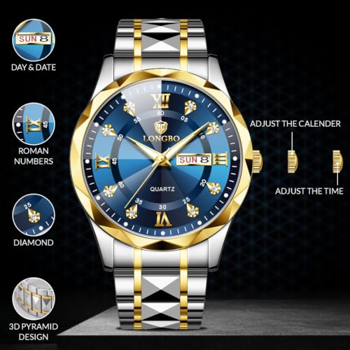 Image of LONGBO Zenith Diamond Analog Watch for Men Business Stainless Steel Watches Luxury Men's Wristwatch | Birthday Gift for Men | Gift for Husband | Gift for Brother
