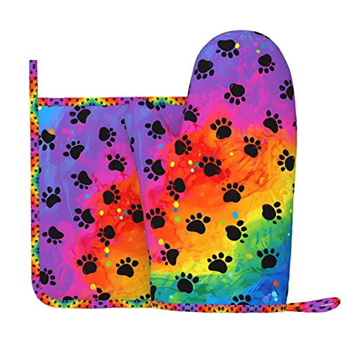 Rainbow Dog Paw Oven Mitts And Pot Holders Sets, Non-Slip Silicone Oven Gloves Heat Resistant Kitchen Glove For Cooking,Baking,Grilling,Bbq #TOP16