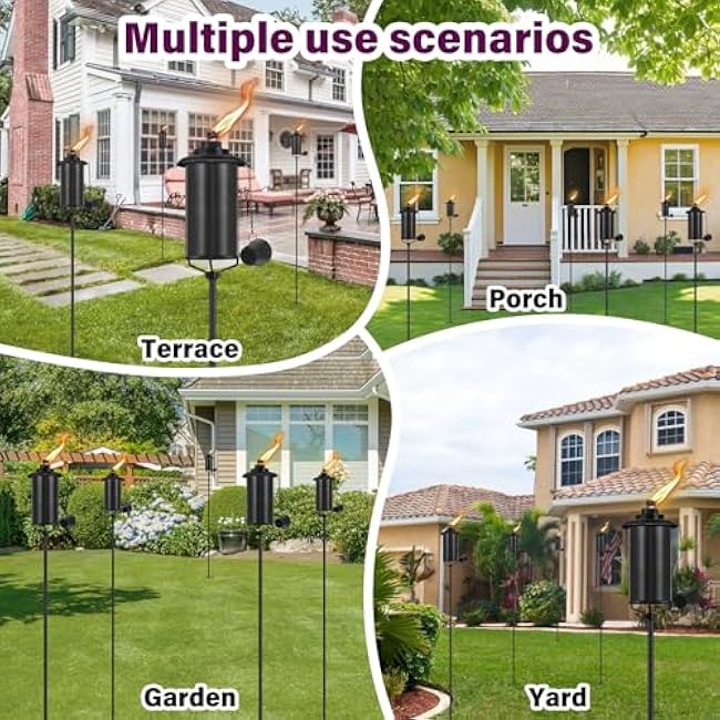 4-Pack Garden Metal Torches, 60 Upgraded Citronella Torches with 5-Prong Grounded Stakes, 16 oz Heavy-Duty Outdoor Torch Lights for Patio, Pathways, and Parties (Ultra-Stable Design)