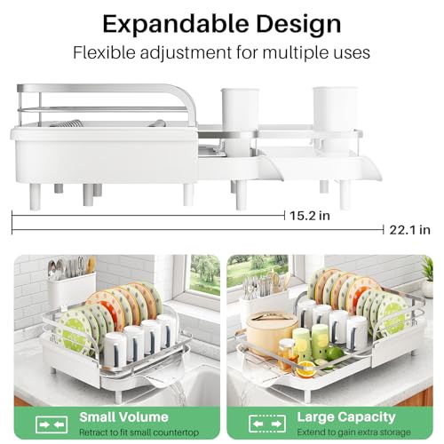 Image of SAYZH Dish Drying Rack - Expandable Dish Rack for Kitchen Counter, Rust-Resistant Dish Drainer with Utensil Holder and Raised Guardrail, Kitchen Organizer for Cup and Bottle (White)