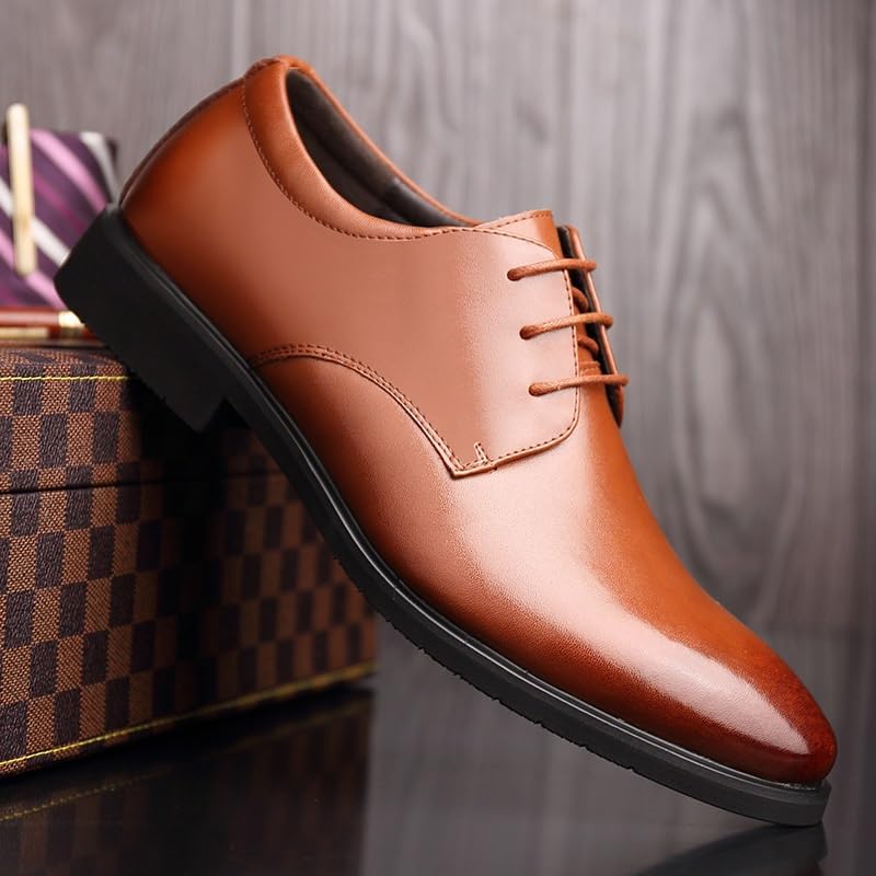 Oxford Dress Shoes for Men's Lace-up Pointed Toe Slip Resistant Block Heel Rubber Sole Tuxedo Wingtip Pu Leather3