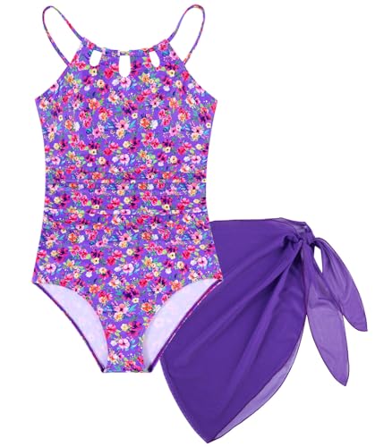 Image of Girls Swimsuit One-Piece Bathing Suit with Mesh Cover Ups Adjustable Straps Cut Out Swimwear Size 7-16