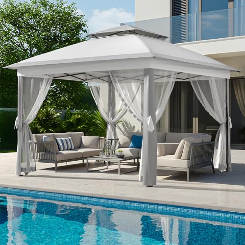 11x11 ft Outdoor Gazebo, Heavy Duty Gazebo with Sturdy Metal Frame & Double Roofs, Patio Shelter with Mosquito Netting, Ideal for Backyard, Garden, La