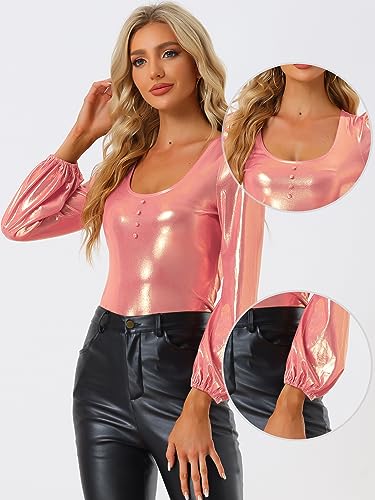 Image of Allegra K Metallic Blouse for Women's Sparkly Party Club Shiny Bishop Sleeve Disco Glitter Tops