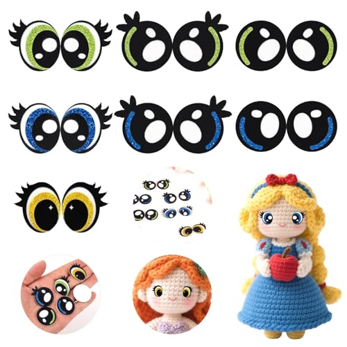 MUCUNNIA 7 Pairs 30mm Glitter Round Felt Eyes for Amigurumi with Lashes, Heart Felt Eyes for Crafts, Felt Eyes for Crochet Animals, Kawaii Eyes for Amigurumi Puppet Teddy Bear Crochet Toy Plush Animal