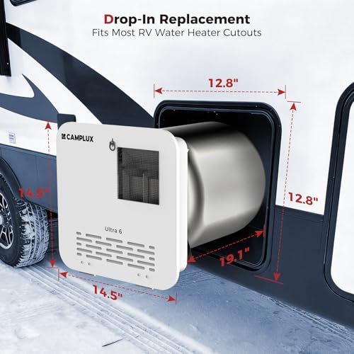 Image of CAMPLUX 6 Gallon RV Water Heater, Gas /Electric /Hybrid, 12,000 BTU, 1440W, Porcelain-Lined Tank with Anode Rod, DSI Ignition, Compatible with Suburban & Dometic, White