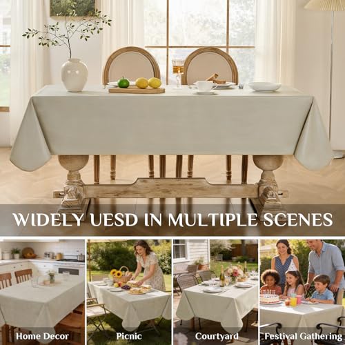 Image of Softalker Vinyl Tablecloth Rectangle, Outdoor 100% Waterproof Oil Proof Plastic Edge Binding Table Cloth, Heavy Duty Thick Wipeable PVC Table Covers for Picnic Dining Party - 54 x 108 Inch, Sand
