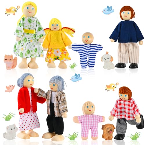 Wooderma 12 Stück Hölzerne Puppenhaus Puppen Familie Set Puppenhaus Figuren mit Katze und Hund Puppenfamilien-Biegepuppen für Rollenspiel Puppenhaus Zubehör Fantasiespiel Geschenk für Kinder