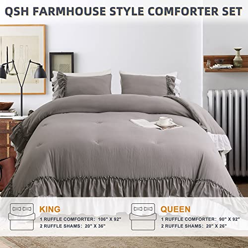 Qsh Light Grey Ruffled Comforter Sets King Size, French Country Bedding Soft Microfiber Comforter With 2 Layers Ruffles #TOP5