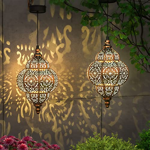 Hapjoy Hanging Solar Lights Outdoor Garden Decor Solar Lantern Waterproof Plastic Moroccan Outdoor Decorations For Patio Pathway Yard Backyard Garden Decorative (2 Pack, Bronze) #TOP1