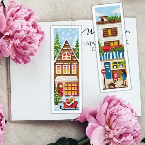 Image of INFUNLY 6 Set DIY Cross Stitch Bookmark Kit Building House Cross Stitch Kits 8 inchx2.4 inch Pre-Printed Architectural Stamped Embroidery Bookmark Kit with Instructions for Beginners Book Lovers Adults Gift
