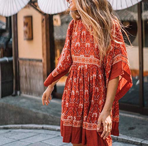 R.Vivimos Women's Summer Cotton Half Sleeve Casual Loose Bohemian Floral Tunic Dresses3