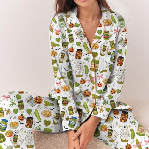 Pickle Halloween Satin Pajama Set For Women Print Comfy Satin Sleepwear & Loungewear Pjs Multi4