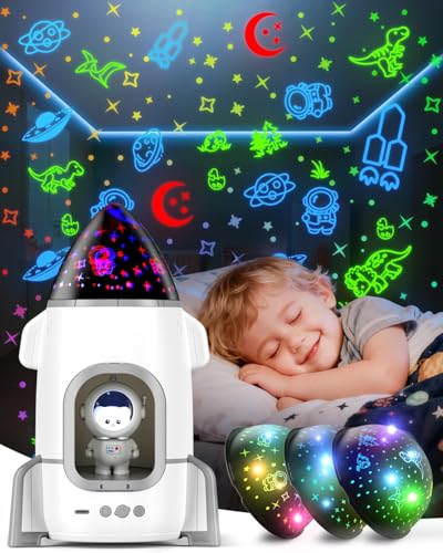 Rocket Night Light Projector for Kids Boys Toddlers Sensory Toys with Music&Films Nightlight Lamp Astronaut Ceiling Star Projector 360 Rotation&Rechargeable Birthday Gifts Kids Bedroom Room Decor