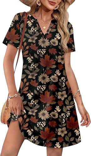 Image of WIHOLL Summer Dresses for Women Casual V Neck Wedding Guest Dress Hawaiian Midi Dress Fashion Beach Vacation Clothes