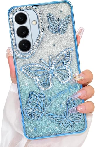 Image of Elzzi Electroplated Butterfly Phone Cover for Samsung S26 Plus Case, Showcasing Pearlescent Diamond Soft TPU, Camera Protection, Shockproof, Dropresistant Stylish for Girls & Women (Sierra Blue)