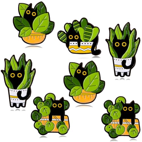 Image of 8 pcs Cat Potted Plants Alloy Enamel Pins, Creative Cartoon Black Cat Pins Cute Animal Enamel Brooch Badges Pins for Men Women Kids Badges Clothing Jackets Hat DIY Accessory (Potted Cat)