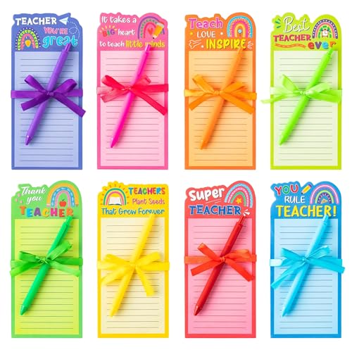 ANGOLIO Teacher Appreciation Notepads with Pens - Spring Easter Gifts 24Pcs Boho Ranibow Lined to Do List Sticky Notes Appreciation Gift Pens for Teacher School Office Birthday Back to School Supplies