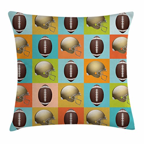 Lunarable Football Throw Pillow Cushion Cover, Colorful Squares Mosaic Pattern of Protective Equipment and Balls College Activity, Decorative Square Accent Pillow Case, 40