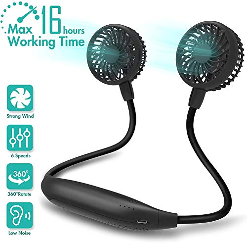 Portable Neck Fan, 2600mAh Battery Operated Sport Fan Ultra Quiet Hands Free USB Fan with 6 Speeds, Strong Wind, 360° Adjustable High Flexibility Wearable Personal Fan for Home Office Outdoor Travel