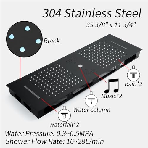 Cascada Artemisia 12"x36" LED Sistema Digital de Ducha con Bluetooth Grande (Montaje en Techo) con 5 Mandos y 4 Funciones (Doble Lluvia, Doble Cascada, Columna de Agua y Ducha de Mano) (Negro Mate) miniatura 5