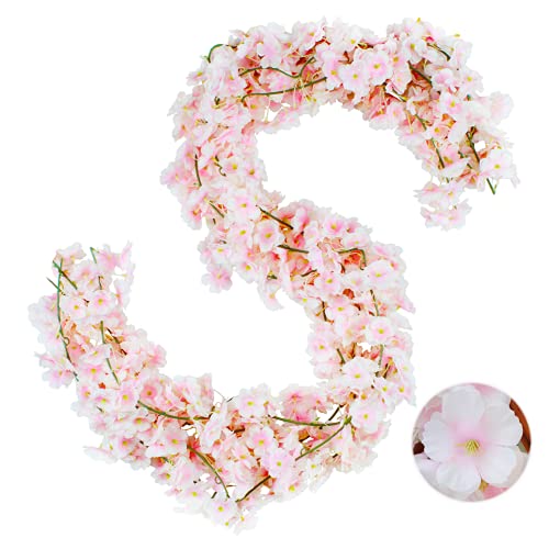 Guirnalda de flores artificiales de cerezo de seda rosa con flores de 1,8 m para colgar en el hogar, bodas, interiores y exteriores, decoración de pared