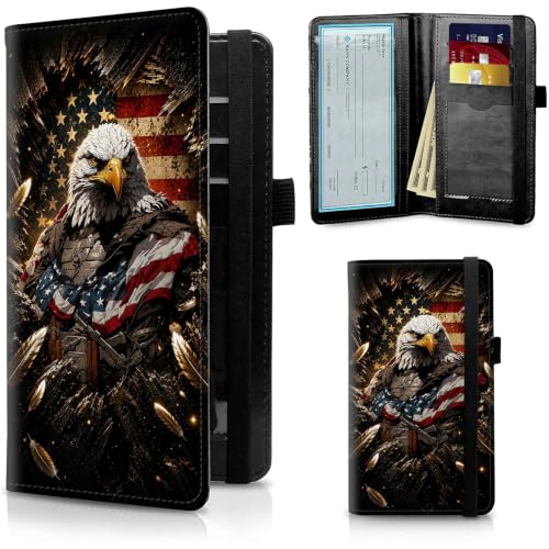 Image of FUYOCWE Patriotic Bald Eagle USA Flag Checkbook Cover for Men & Women | RFID Blocking Vegan Leather Checkbook Case Card Holder for Personal and Business Checks with Pen Holder & Elastic Band