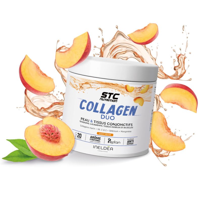 STC NUTRITION - Collagen Duo - Favorise la Santé de la Peau, des Os et des Articulations - Collagène Marin Type I + Vitamines C & E + Sélénium + Manganèse - Arôme naturel de pêche - 3 pots