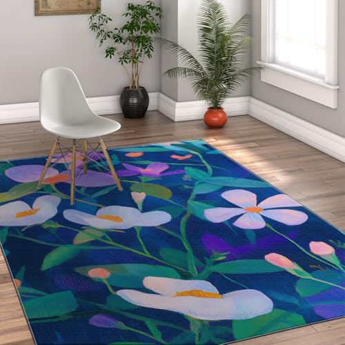 Tapis bleu à fleurs géométriques pour chambre et salon cosy - 4