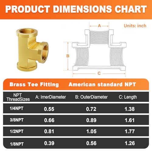 Image of GASHER 8Pcs Brass Tee Fitting, 1 /4 inch x 1 /4 inch x 1 /4 inch NPT Female Pipe Fittings