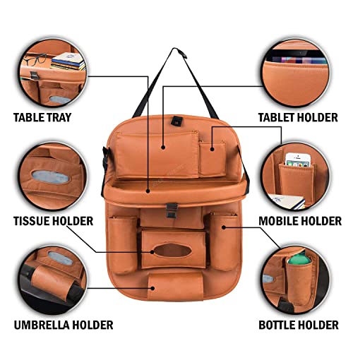 Image of PU Leather Auto Car Back-Seat Organizer with Tray, Multi-pocket Storage, Tablet Holder, Bottle and Tissue Paper Holder, Mobile Holder and Tray for food (TAN)