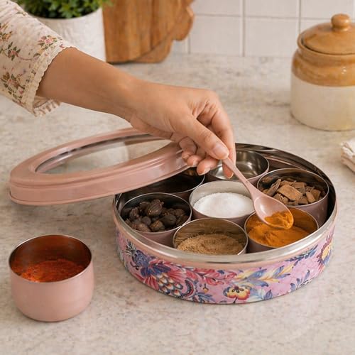 livingwithelan Elan Stainless Steel Masala Box | Spice Storage Container | Masala Dani With 7 Containers and Small Spoon | Masala Dabba For Kitchen See Through Lid | Kitchen Spice Organiser (Nude)